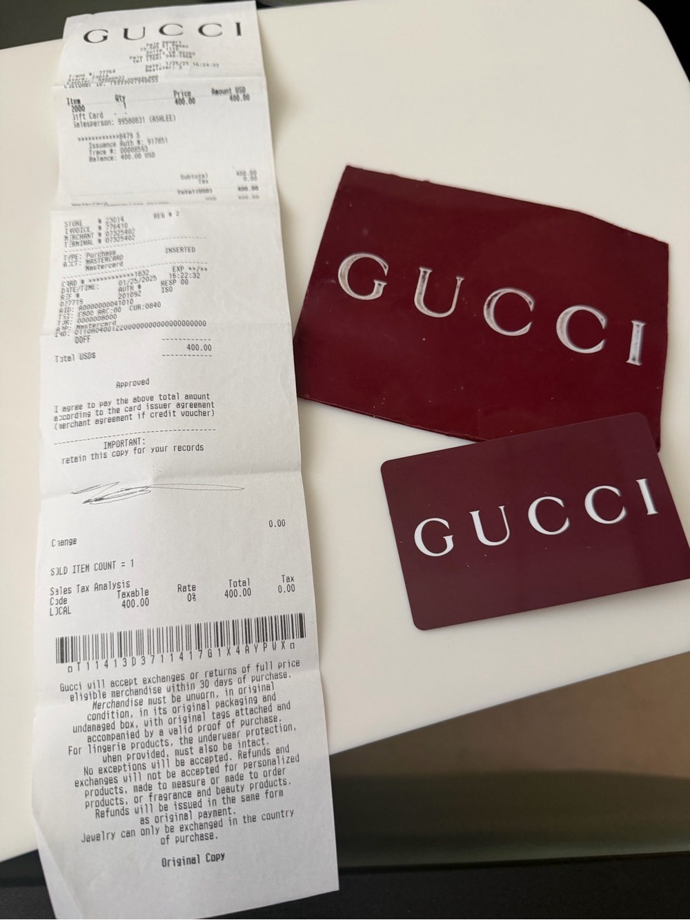 Gucci Burgundy Logo Card and Receipt Set